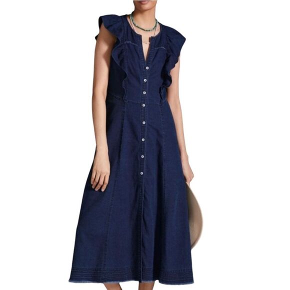 Anthropologie Pilcro Dark Blue Denim Ruffle Sleeve Maxi Midi Dress, 14. buttons - Picture 1 of 16